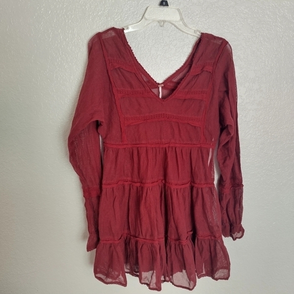 Free People Berlin Mini Dress Burgundy Rust Gauze sz Xs - Picture 2 of 10